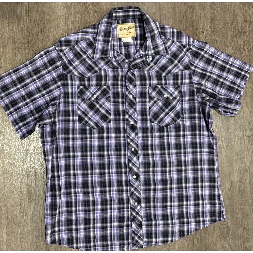 VTG Wrangler Shirt Mens XL Purple Plaid Short Sleeve Western Cowboy Lightweight